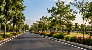 Tree-lined internal road and landscaped verges from the supplied project reference